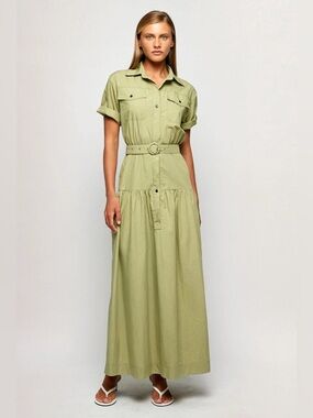 S/W/F Utility Shirt Dress Olive Green Midi Belted Cotton Blend Safari Small